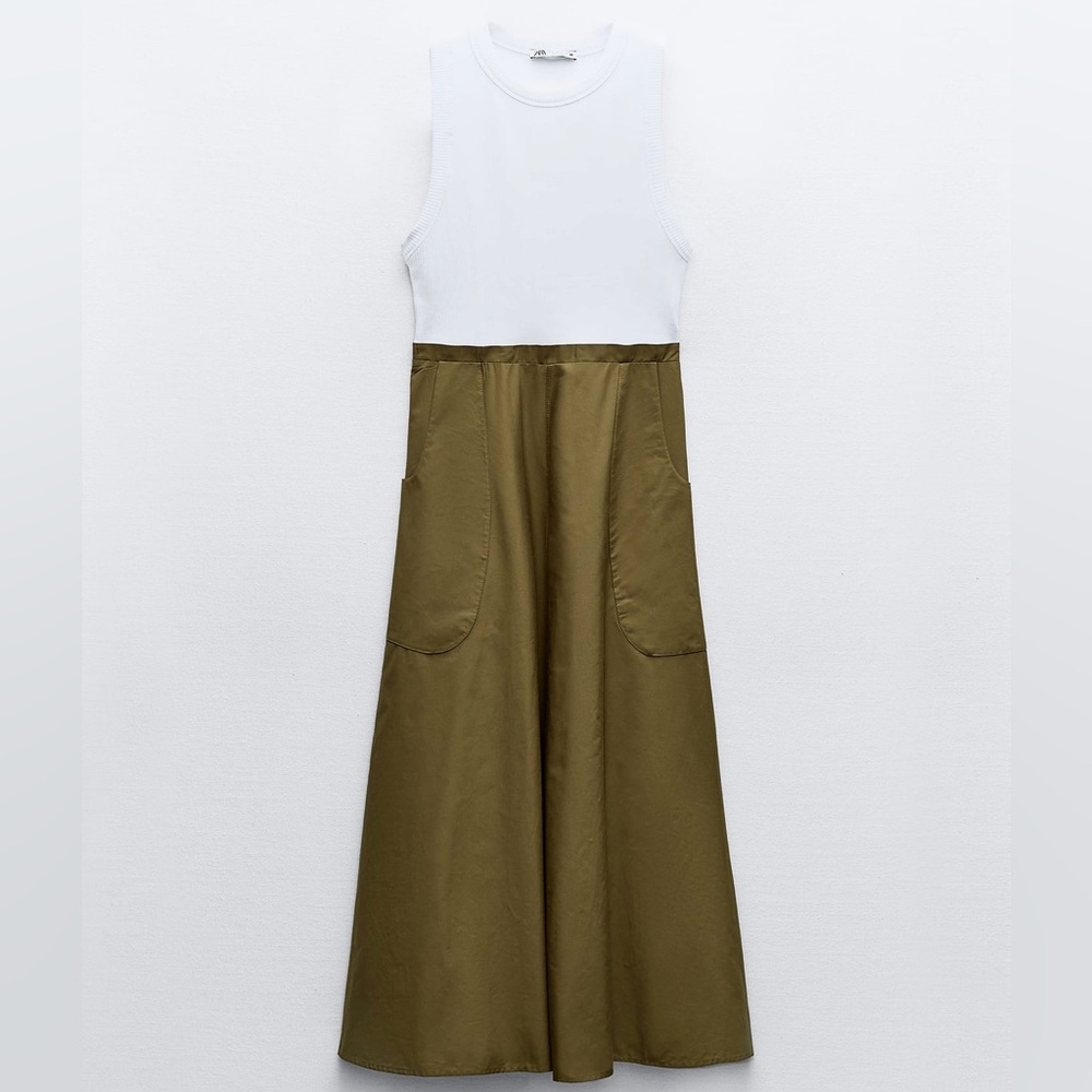 Round neck sleeveless midi dress, Front patch pockets.